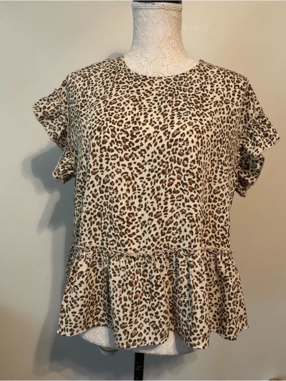 THML Leopard Print Ruffle Hem Blouse - Cream and Brown